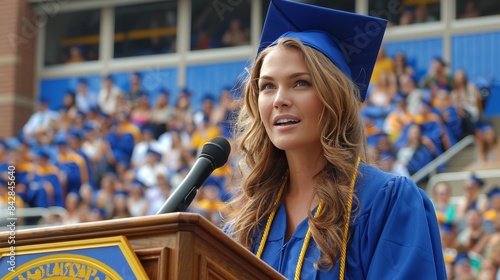 Valedictorian and graduate delivering speeches at a memorable graduation ceremony event photo