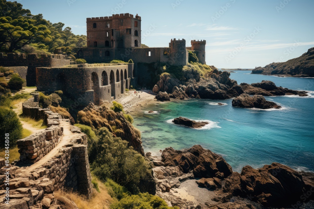 Majestic Historical Fortress in Coastal Island., generative IA