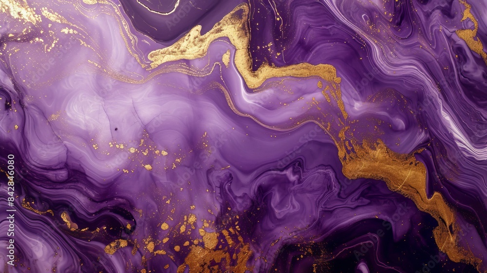 Fototapeta premium Abstract purple and gold marbled texture with flowing patterns, modern art concept