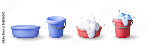 3d set of plastic bucket with soapy foam and empty isolated. Render bucket basin collection icon for cleaning and washing. House cleaning equipment household accessories. Realistic vector illustration