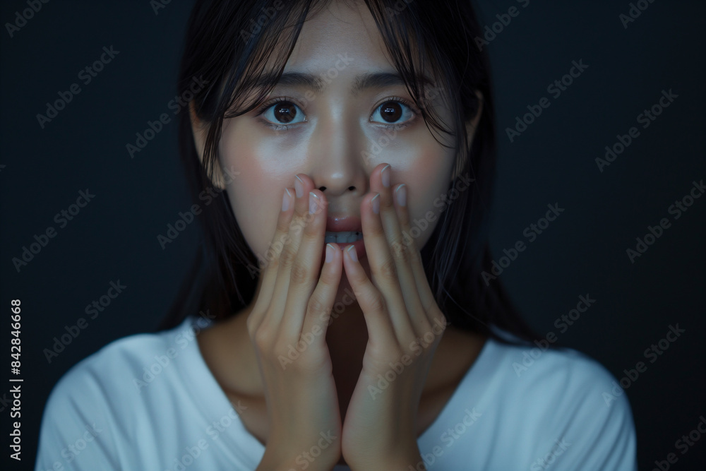 怖がる若いアジア人女性。黒い背景。 怖がる若いアジア人女性。黒い背景。