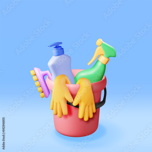 3D set of home cleaning tools isolated. Render collection of accessories for washing dishes and house cleaning. Bottle of detergent, soap, sponge gloves. Bucket, hand brush. Vector illustration