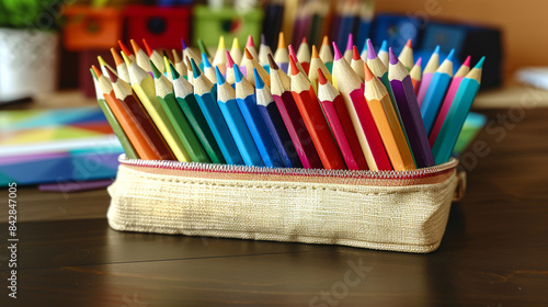 A set of colored pencils arranged neatly in a pencil case on a desk.