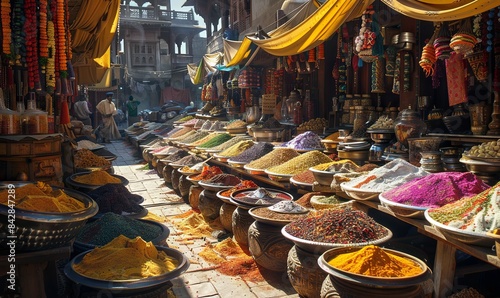 A vibrant Indian market with spices and textiles. Realistic. photo