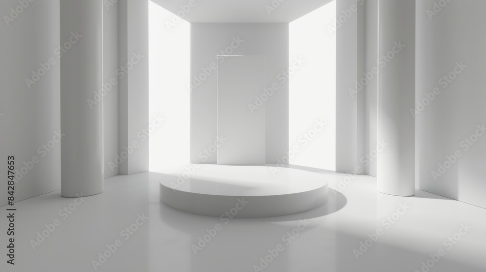 Modern and minimalist design of a spacious white room featuring a central circular platform. Modern and minimalist design of a spacious white room featuring a central circular platform.