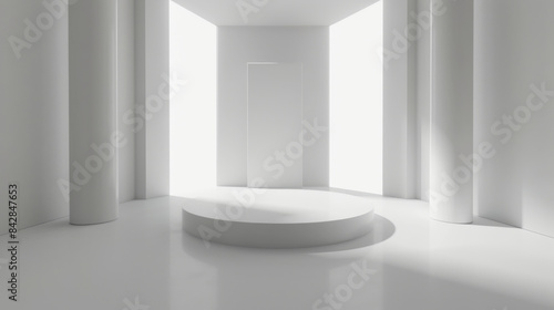 Modern and minimalist design of a spacious white room featuring a central circular platform.