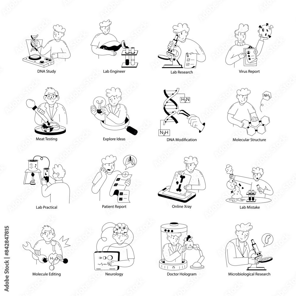 Obraz premium Set of Medical and Lab Research Doodle Mini Illustrations