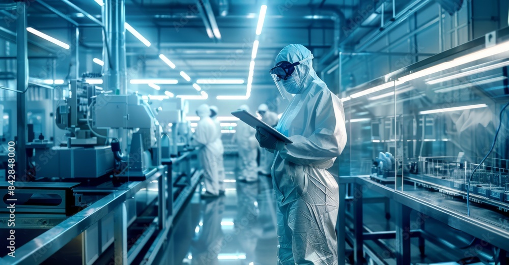 Technician using tablet computer at a manufacturing complex wearing protective coveralls, masks, and eyeglasses. Monitoring conditions in an automated electronics plant. Technician using tablet computer at a manufacturing complex wearing protective coveralls, masks, and eyeglasses. Monitoring conditions in an automated electronics plant.