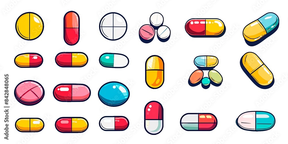 Set of Various Pills and Tablets on White Background: A Medical Overview Set of Various Pills and Tablets on White Background: A Medical Overview