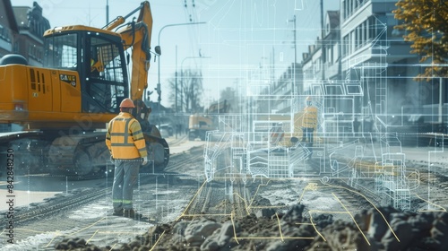 Wallpaper Mural Road construction site with engineers and a transparent overlay of construction equipment diagrams. Torontodigital.ca