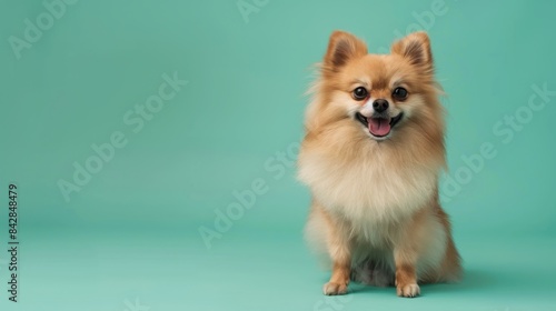 Adorable Pomeranian dog sitting on a bright turquoise background. Cute and friendly pet with fluffy fur and happy expression.