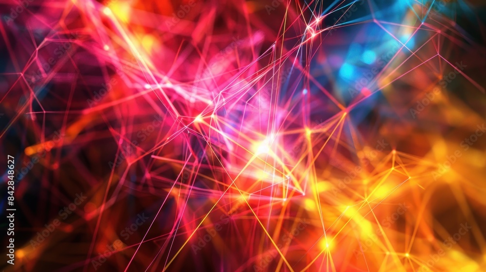 Fototapeta premium An abstract digital network with interconnected nodes and vibrant colors. The high-resolution image captures the essence of advanced technology, with dynamic lighting and shadows adding depth and