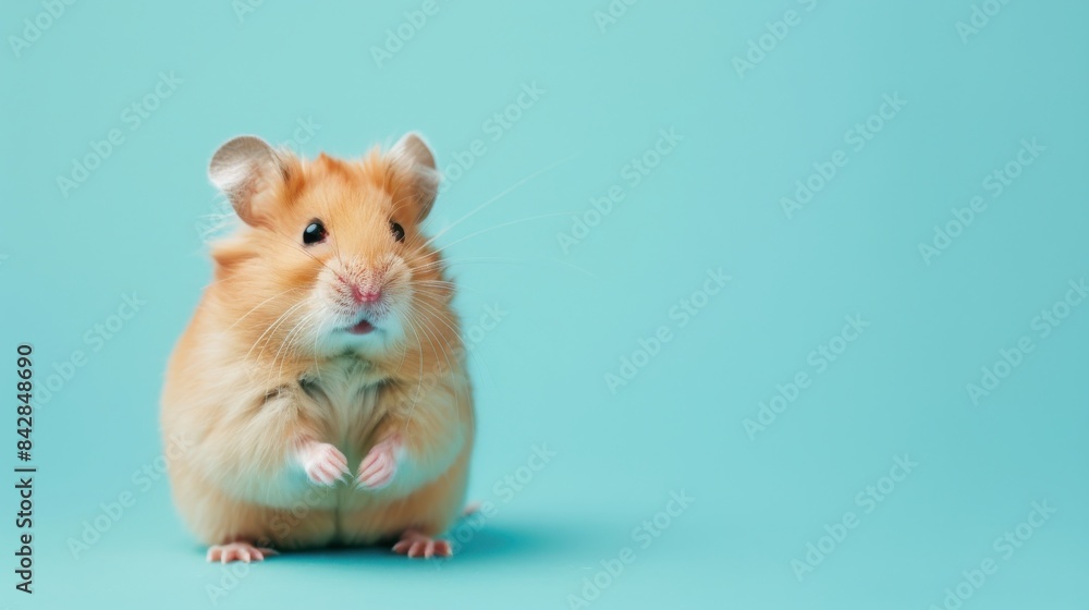 Cute golden hamster standing against a pastel blue background, looking curious and adorable. Perfect for pet and animal-related content. Cute golden hamster standing against a pastel blue background, looking curious and adorable. Perfect for pet and animal-related content.