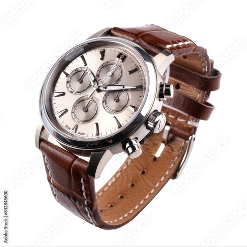 Elegant Designer Watch with Genuine Brown Leather Strap on White Background