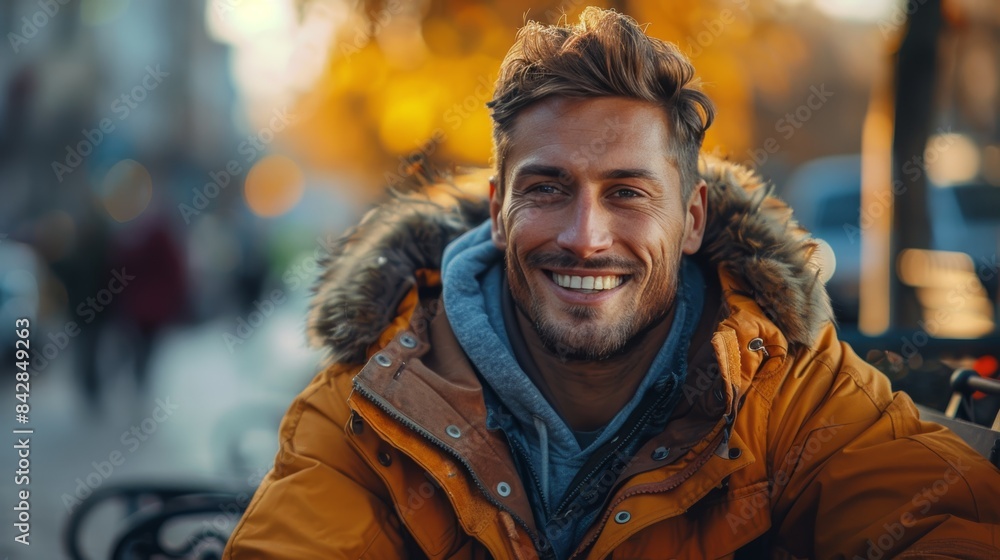Smiling Man in a Winter Jacket Sitting Outdoors. Generative AI. Smiling Man in a Winter Jacket Sitting Outdoors. Generative AI.