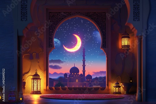 mosque window with lantern and crescent moon for eid mubarrak or ramadan kareem celebration, beautiful night scene background design template