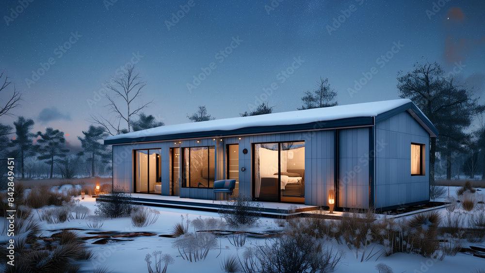 Modular Majesty: A Small Building with Warmly Lit Windows Modular Majesty: A Small Building with Warmly Lit Windows