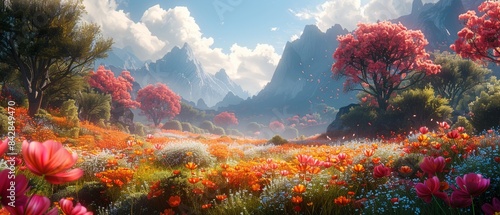 A fantasy landscape with oversized flowers and plants creating a magical atmosphere. 