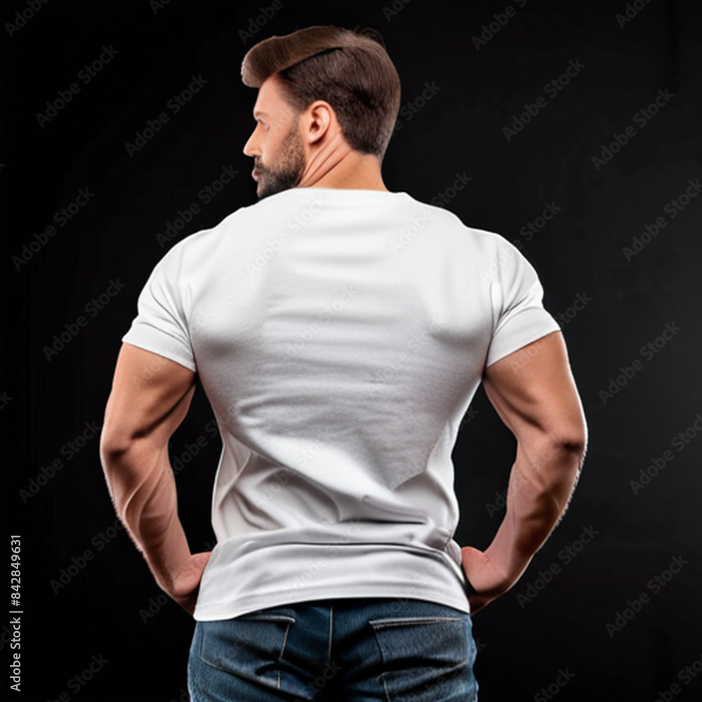 Muscular Man in a White Shirt. Mock up for brand logo back side T-Shirt. Generative Ai