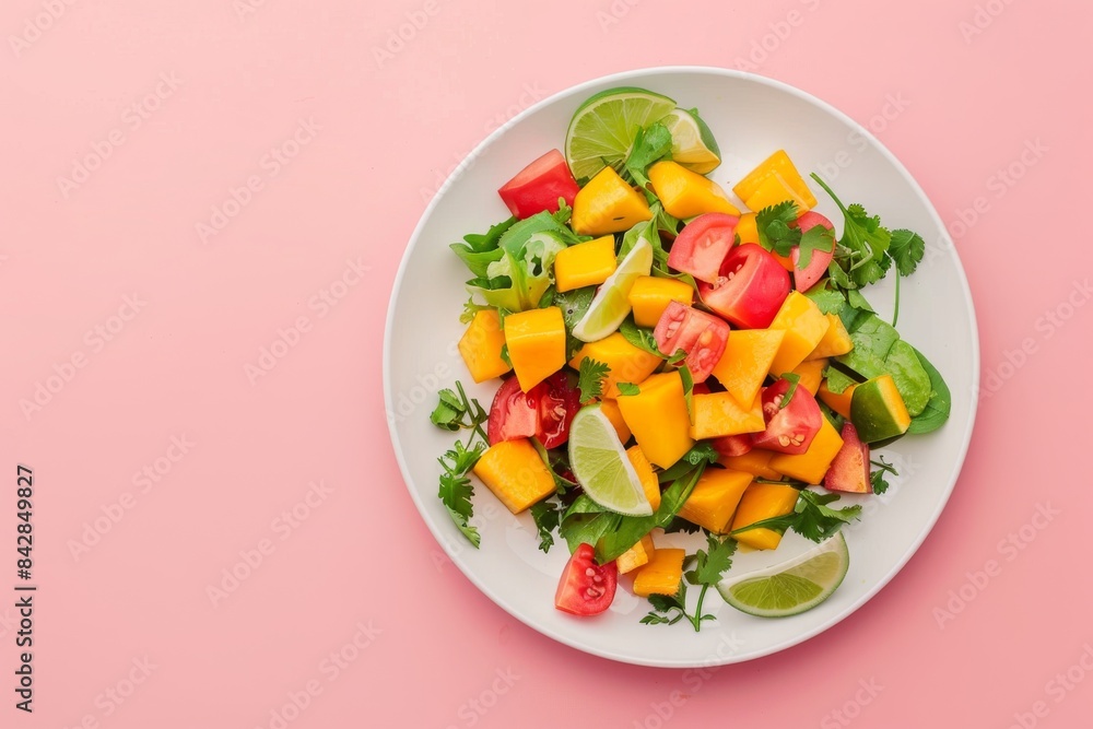 A Fresh and Vibrant Mango Salad With Lime and Tomatoes on a Pink Background A Fresh and Vibrant Mango Salad With Lime and Tomatoes on a Pink Background