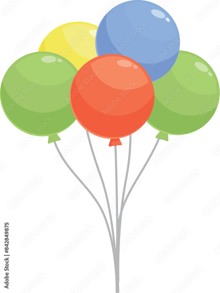 Five colorful balloons are floating in the air, tied together with a silver string Five colorful balloons are floating in the air, tied together with a silver string