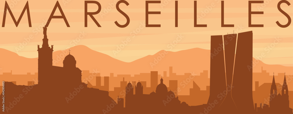 Brown panoramic poster of the city skyline with misty background buildings, sunrise, clouds and mountains of MARSEILLES, FRANCE Brown panoramic poster of the city skyline with misty background buildings, sunrise, clouds and mountains of MARSEILLES, FRANCE