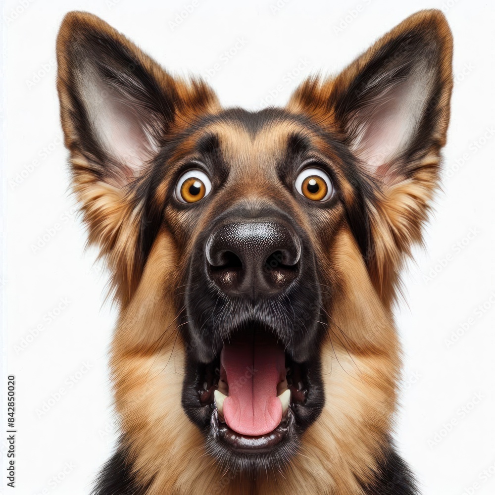 Surprised funny German Shepherd dog with a humorous expression Isolated on white background Surprised funny German Shepherd dog with a humorous expression Isolated on white background
