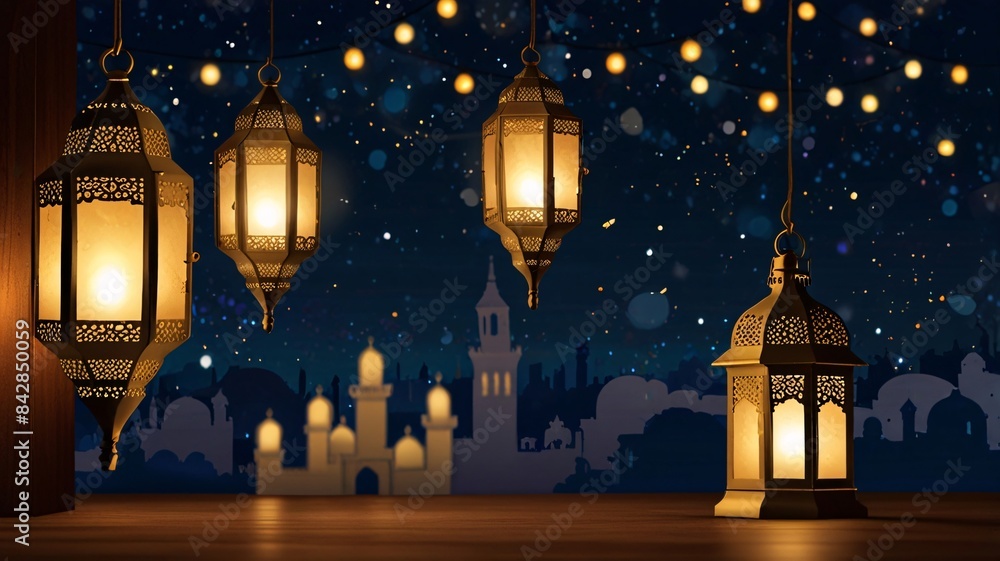 arabian lantern lights illuminating the night, adorning walls, and decorating the park with festive islamic holiday with space arabian lantern lights illuminating the night, adorning walls, and decorating the park with festive islamic holiday with space