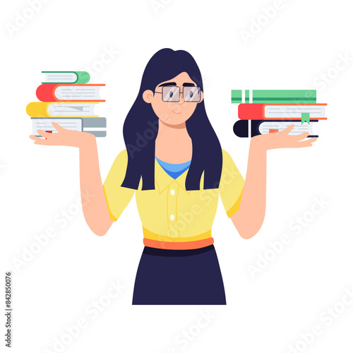 Girl balancing books on both hands, flat illustration