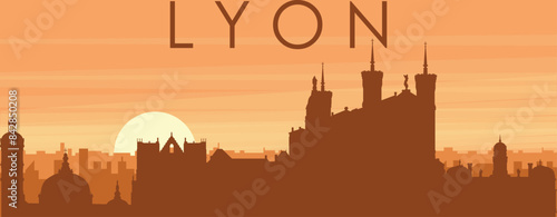 Brown panoramic poster of the city skyline with misty background buildings, sunrise, clouds and mountains of LYON, FRANCE
