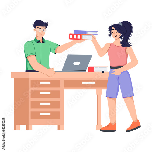Handover books to librarian, flat illustration