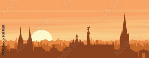 Brown panoramic poster of the city skyline with misty background buildings, sunrise, clouds and mountains of BORDEAUX, FRANCE
