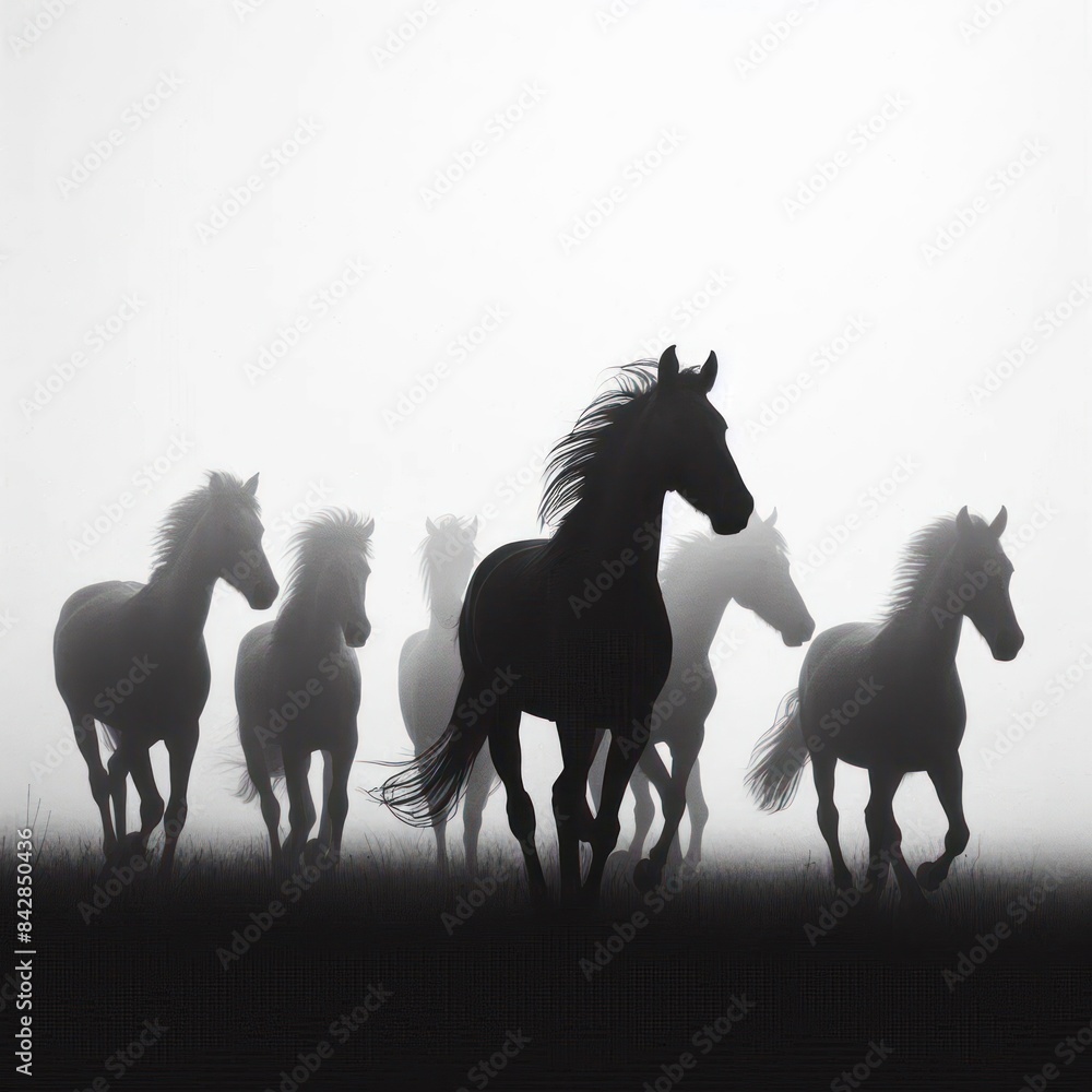 Silhouette a group of wild horses running through a foggy field Isolated on white background Silhouette a group of wild horses running through a foggy field Isolated on white background
