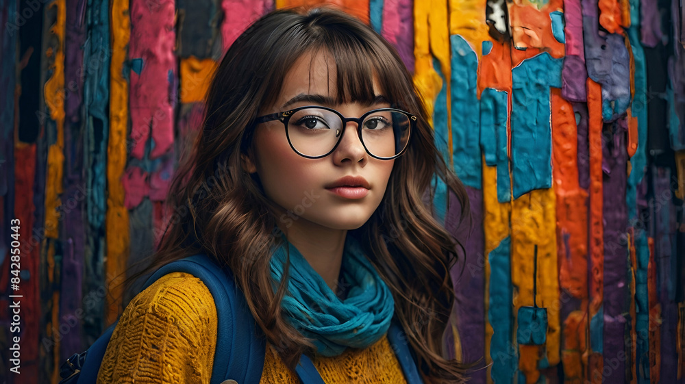 Naklejka premium Dynamic Photo of a Slim-Faced Girl with Bold Colors and Glasses