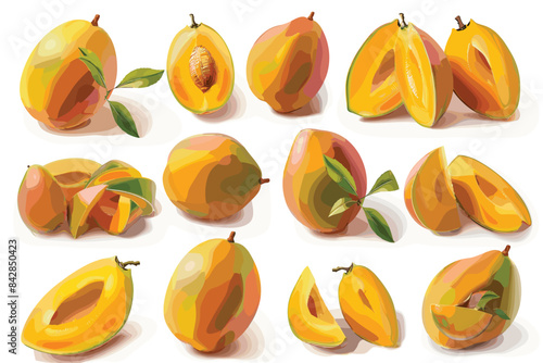 A set with Fresh ripe mango with leaves falling in the air isolated on white background.