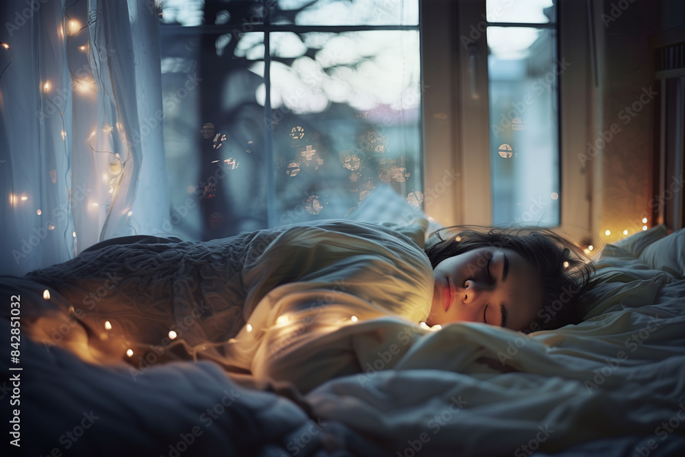 Young Woman Sleeping Peacefully with Fairy Lights