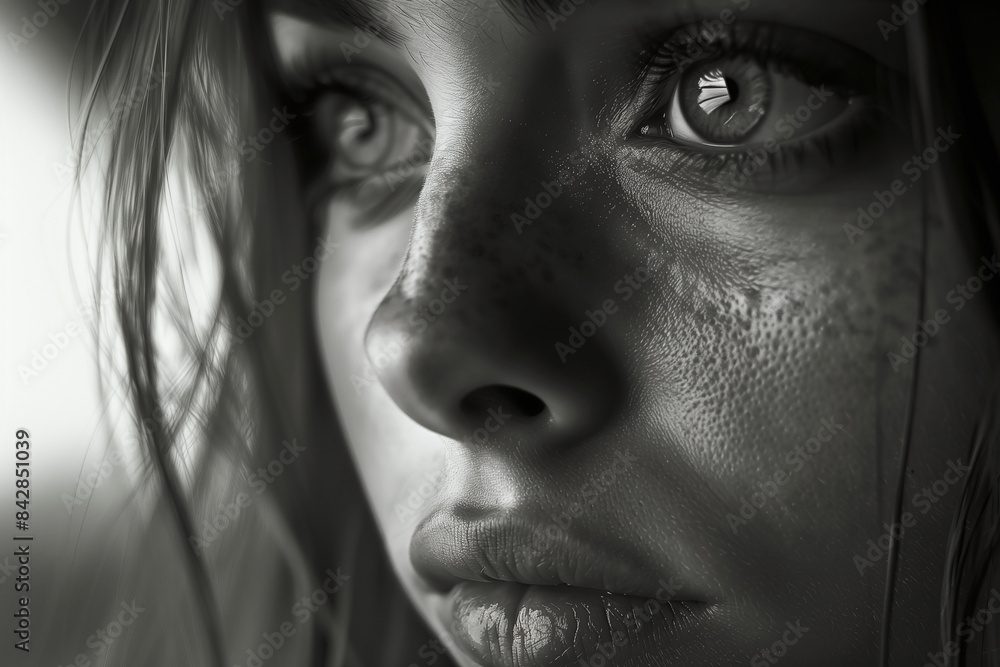 Intense Close-Up of Woman's Face in Black and White Intense Close-Up of Woman's Face in Black and White