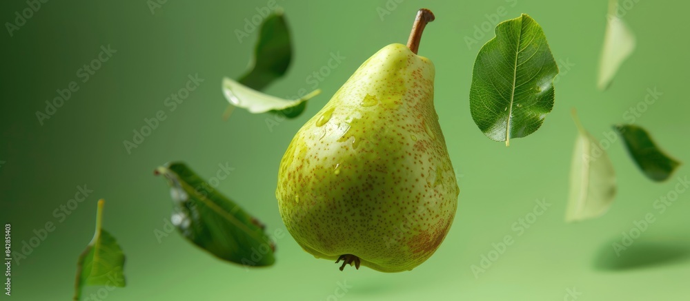 Green Pear with Leaves Floating in the Air on Green Background - Zero Gravity Food Levitation Concept - High-Resolution Image Green Pear with Leaves Floating in the Air on Green Background - Zero Gravity Food Levitation Concept - High-Resolution Image