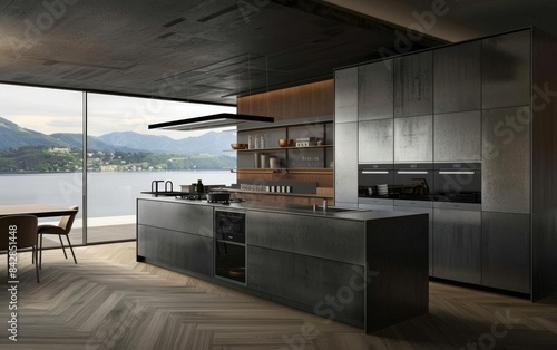 minimalist kitchen, grey cabinet with an island in the middle of it, white walls and light wood floor, window on one side showing lake view, herringbone wooden flooring, matte black wall mountet over  photo