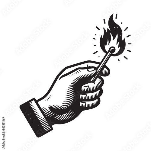 A burning match in a man's hand. Old vintage engraving black vector illustration, emblem, print