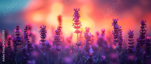 A field of lavender flowers with a beautiful sunset in the background. 