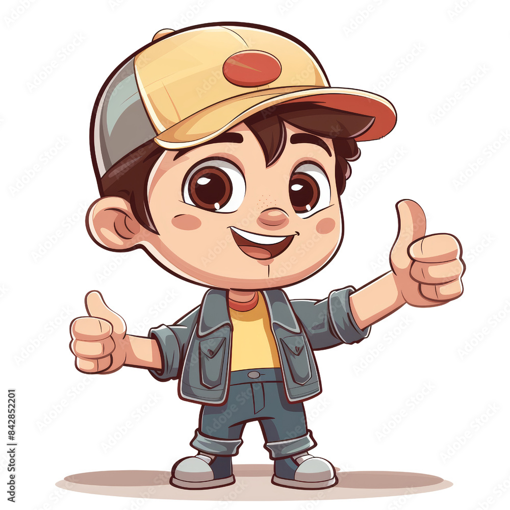 Cheerful cartoon boy in a cap giving thumbs up, wearing casual clothes. Hand-drawn vector illustration perfect for children's themes. Cheerful cartoon boy in a cap giving thumbs up, wearing casual clothes. Hand-drawn vector illustration perfect for children's themes.