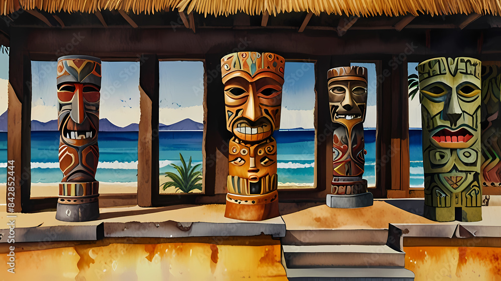 Fototapeta premium Watercolor painting of Hawaiian tiki statue