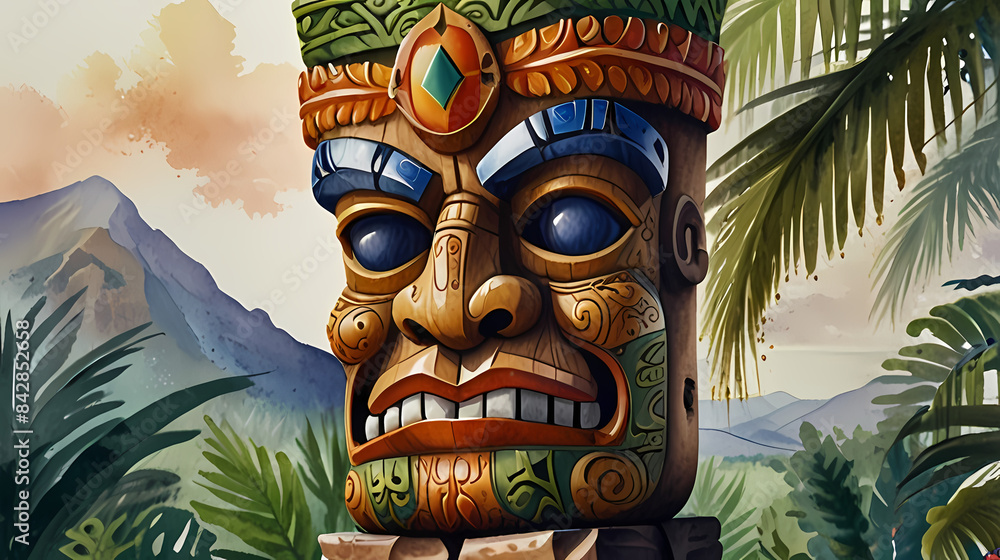 Watercolor painting of Hawaiian tiki statue Watercolor painting of Hawaiian tiki statue