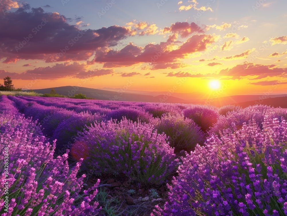 Obraz premium A field of lavender flowers with a beautiful sunset in the background. 