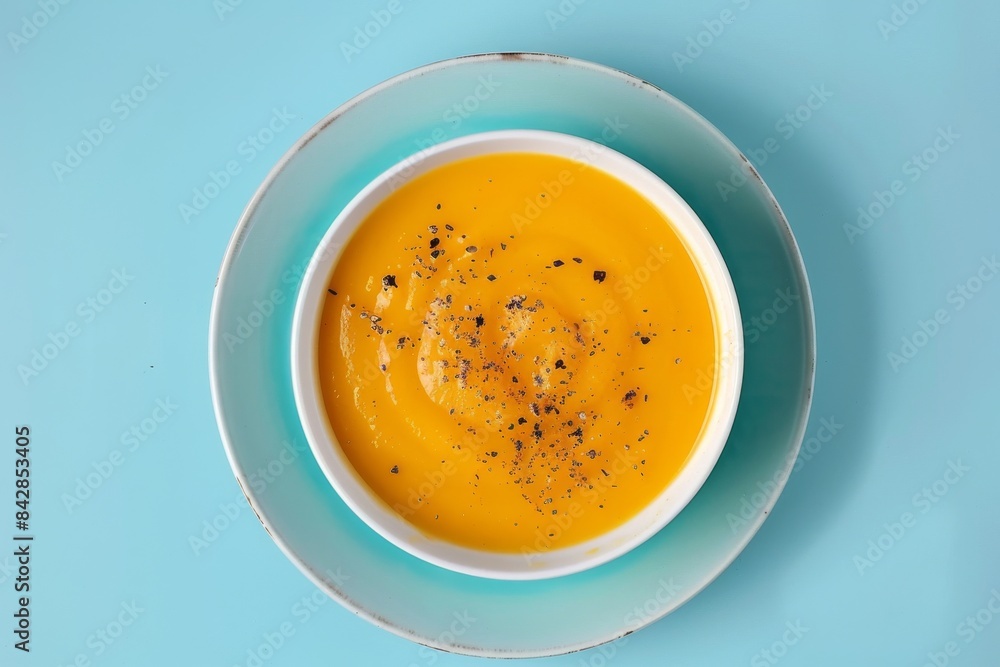 A Creamy Bowl of Autumnal Pumpkin Soup on a Blue Background