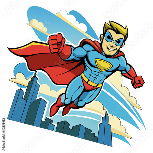 comic book-style superhero flying through the sky, with a cityscape background and action lines emphasizing speed and power