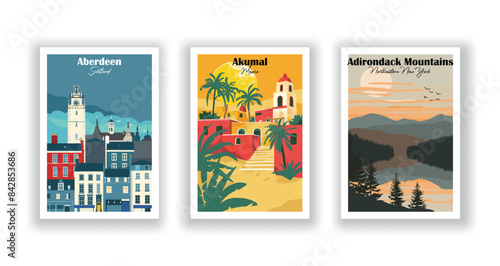 Aberdeen, Scotland, Adirondack Mountains, Northeastern, New York, Akumal, Mexico - Vintage travel poster. Vector illustration. Poster Travel for Hikers Campers Living Room Decor