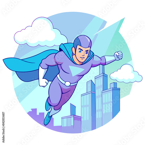 comic book-style superhero flying through the sky, with a cityscape background and action lines emphasizing speed and power