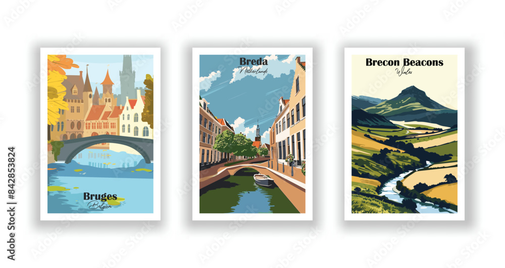 Fototapeta premium Brecon Beacons, Wales, Breda, Netherlands, Bruges, Belgium - Vintage travel poster. Vector illustration. Poster Travel for Hikers Campers Living Room Decor